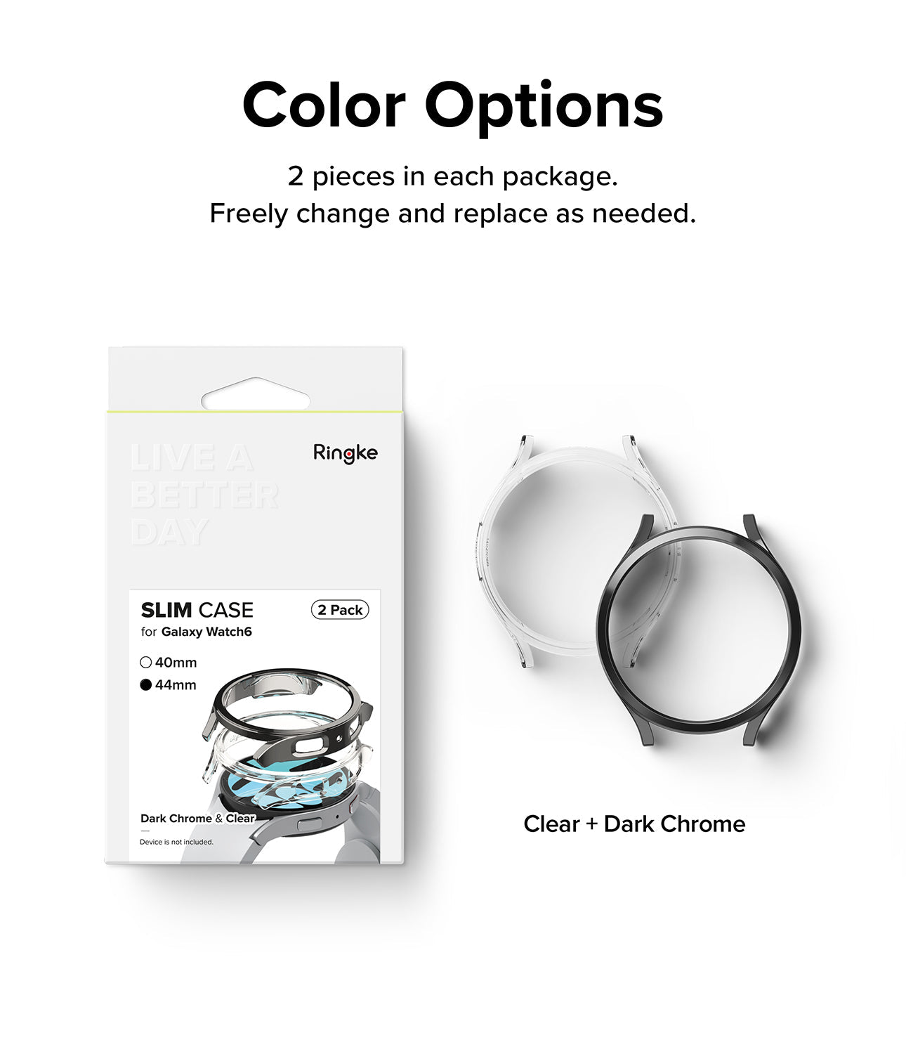 Galaxy Watch 6 44mm Case | Slim - Ringke 2-pack slim watch cases in clear and dark chrome finishes with product packaging.
