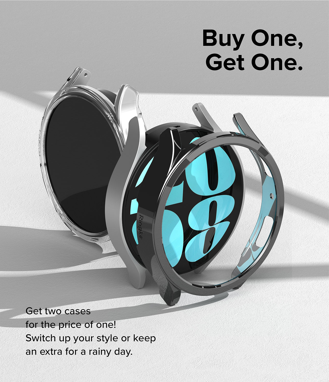 Galaxy Watch 6 40mm Case | Slim - Two slim protective watch cases in clear and black displayed with promotional text.