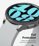 Galaxy Watch 6 44mm Case | Slim - Close-up of a black slim protective case on a Galaxy Watch 6 with a white band.