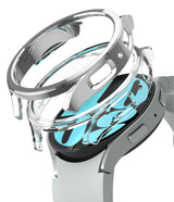 Galaxy Watch 6 40mm Case | Slim - Exploded view of a clear protective case hovering above a silver Galaxy Watch 6.