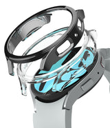 Galaxy Watch 6 40mm Case | Slim - Exploded view of a black and clear protective case hovering over a silver smartwatch.