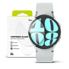 Galaxy Watch 6 44mm Screen Protector | Glass - R6 - Tempered glass screen protector next to a silver Galaxy Watch 6.