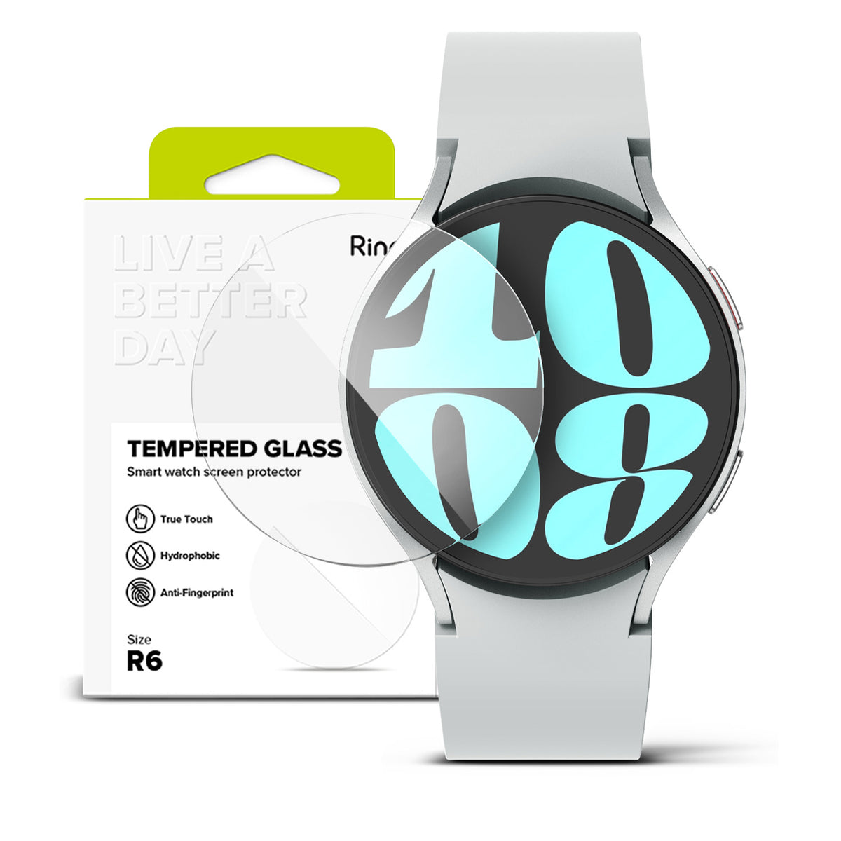 Galaxy Watch 6 44mm Screen Protector | Glass - R6 - Tempered glass screen protector next to a silver Galaxy Watch 6.