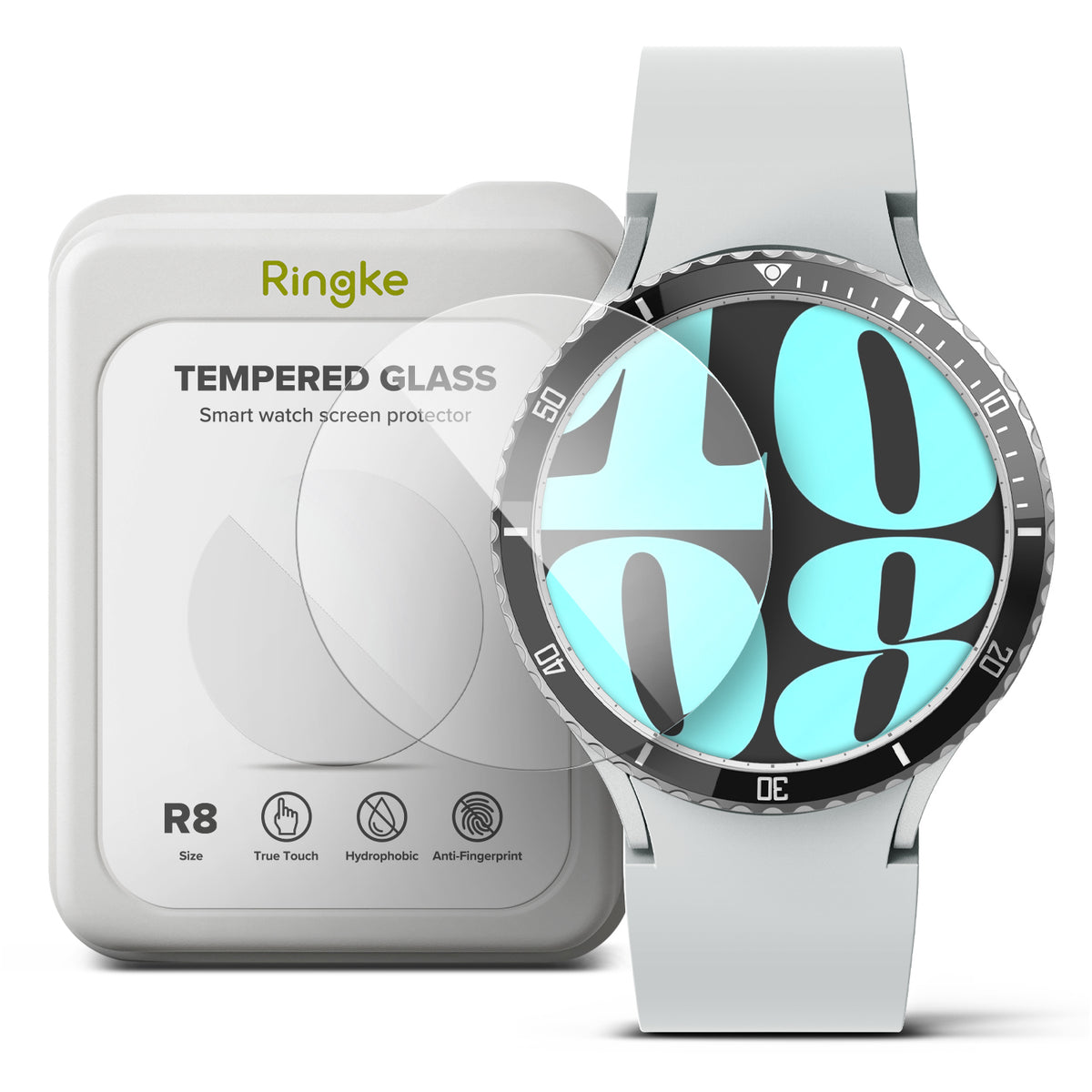 Galaxy Watch 6 40mm Screen Protector | Glass - R8 - Ringke tempered glass screen protector with packaging and watch.