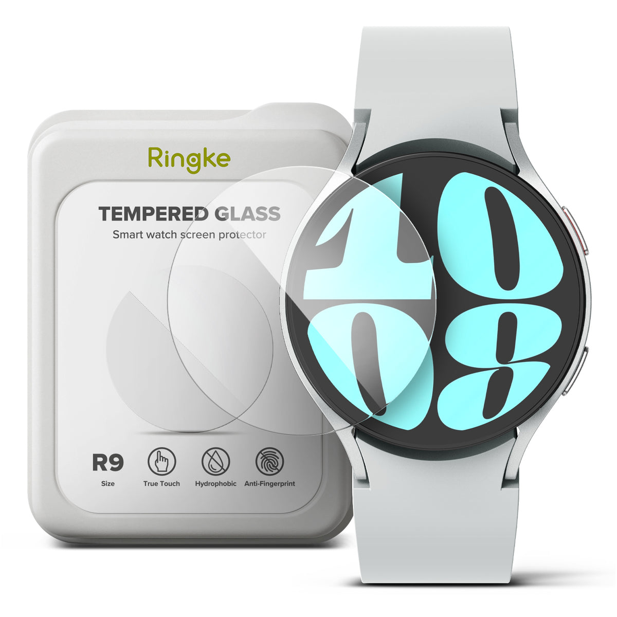 Galaxy Watch 6 44mm Screen Protector for Bezel Styling | Glass - R9 - Galaxy Watch 6 44mm Screen Protector - Tempered glass protector next to a silver smartwatch with a white band.