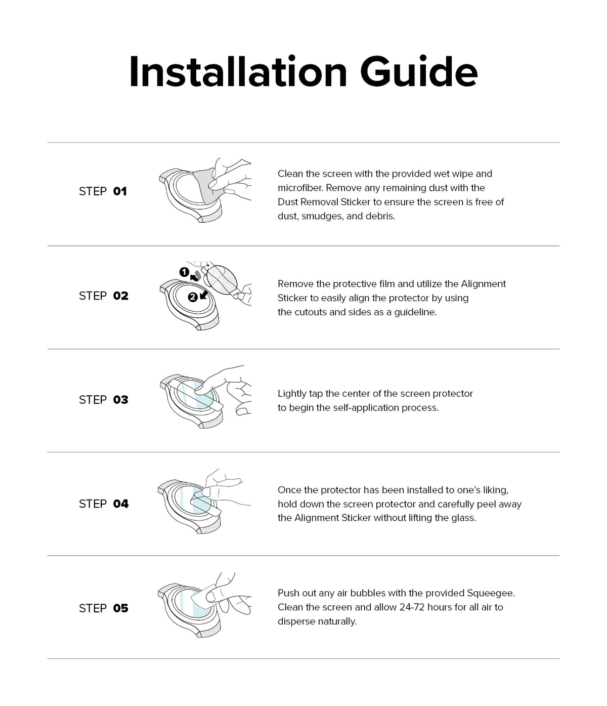 Galaxy Watch 6 40mm Screen Protector for Bezel Styling | Glass - R3 - Galaxy Watch 6 40mm Screen Protector - Five-step illustrated guide for installing a watch screen protector.