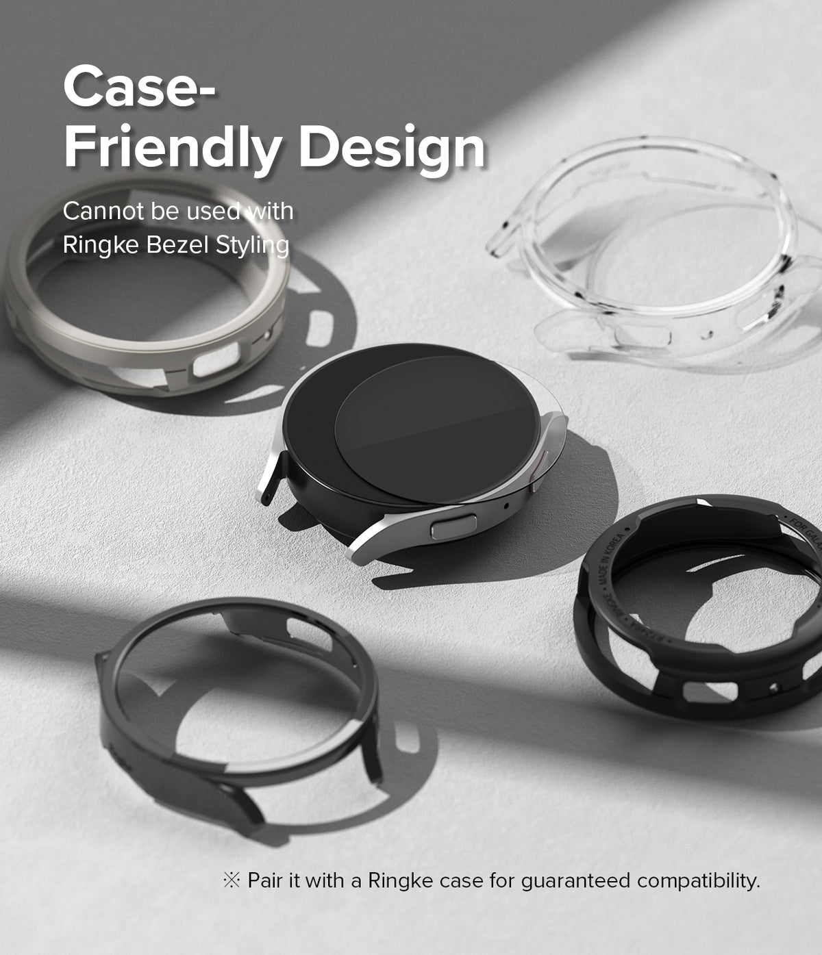 Galaxy Watch 6 40mm Screen Protector | Glass - R4 - Galaxy Watch 6 with screen protector surrounded by various cases.