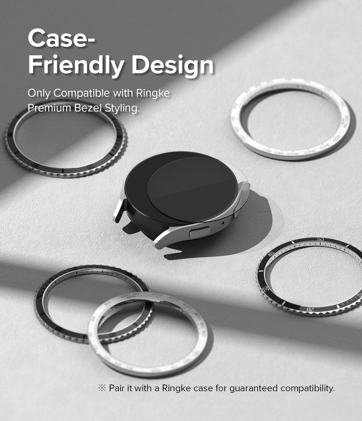 Galaxy Watch 6 40mm Screen Protector | Glass - R8 - Galaxy Watch 6 with screen protector surrounded by various Ringke bezel styling rings.