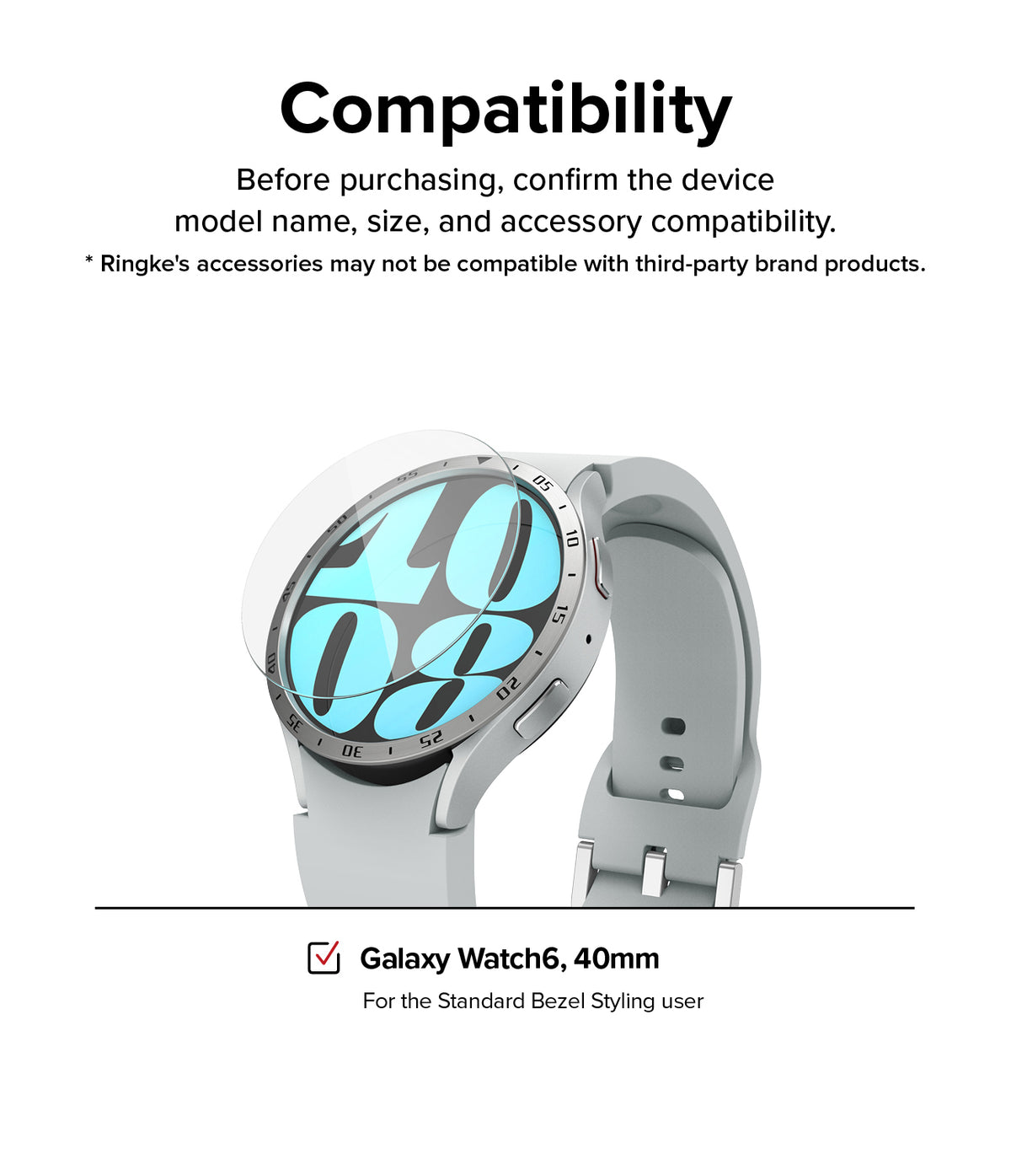 Galaxy Watch 6 40mm Screen Protector for Bezel Styling | Glass - R3 - Galaxy Watch 6 40mm Screen Protector - A glass screen protector hovering above a silver Galaxy Watch 6 with a bezel ring.