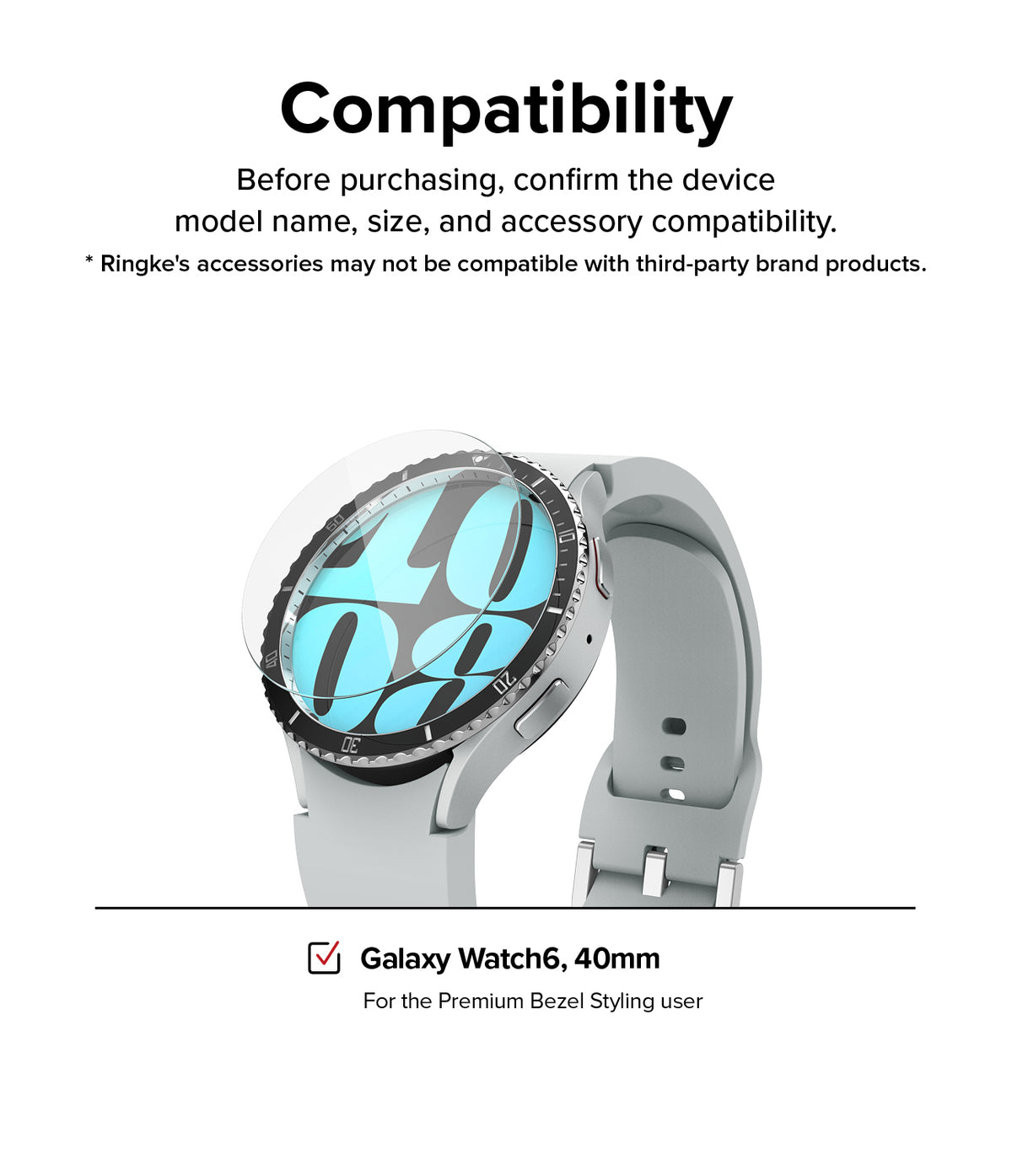 Galaxy Watch 6 40mm Screen Protector | Glass - R8 - Galaxy Watch 6 40mm Screen Protector - Glass screen protector hovering over a silver Galaxy Watch 6 with a light blue face.