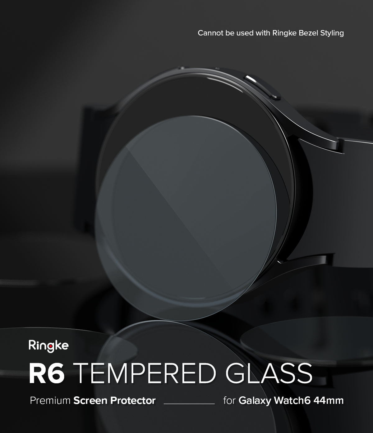 Galaxy Watch 6 44mm Screen Protector | Glass - R6 - Galaxy Watch 6 44mm Screen Protector - Tempered glass disc hovering over a black Galaxy Watch 6 on a dark background.