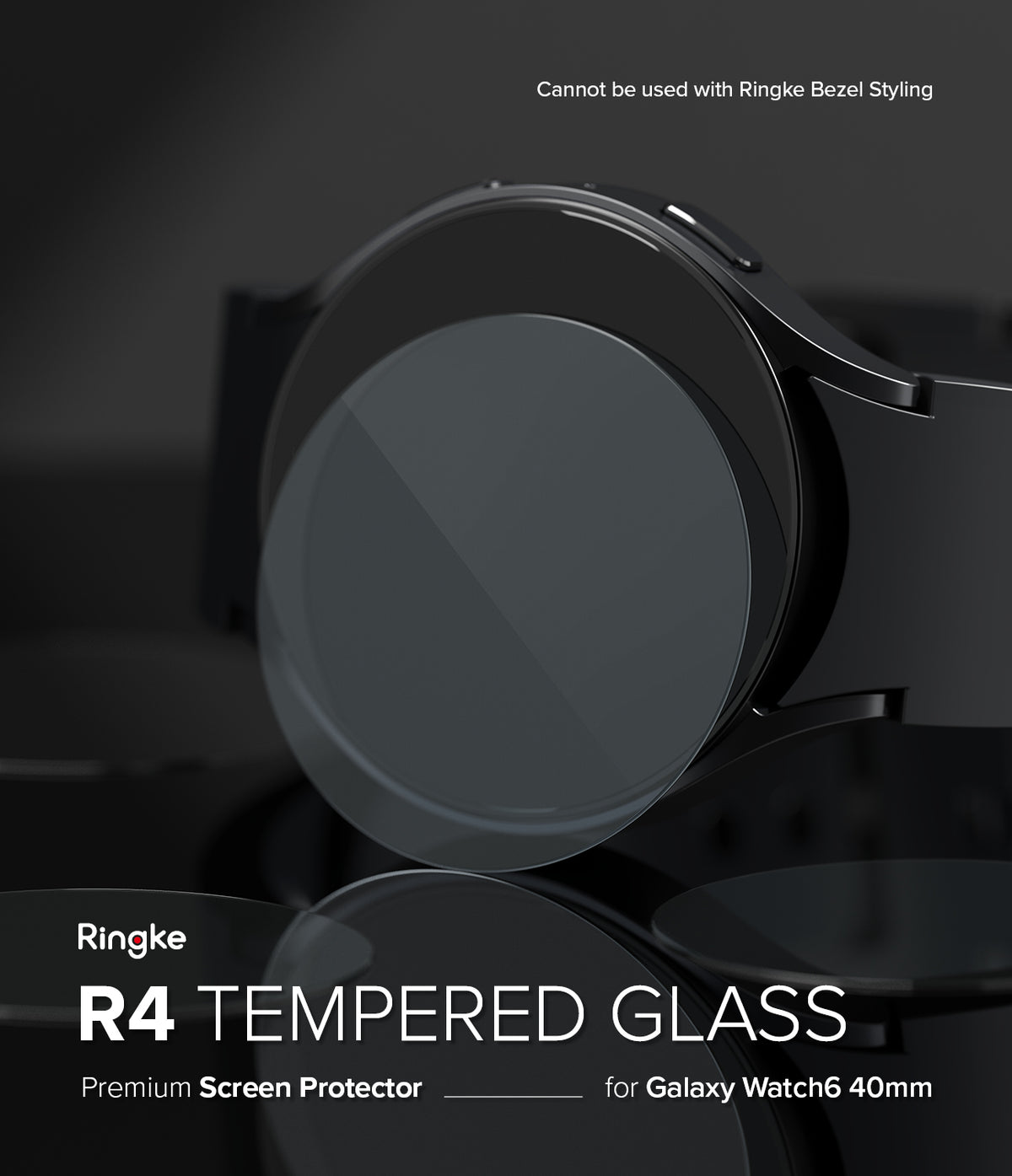 Galaxy Watch 6 40mm Screen Protector | Glass - R4 - Tempered glass screen protector hovering over a black Galaxy Watch 6.