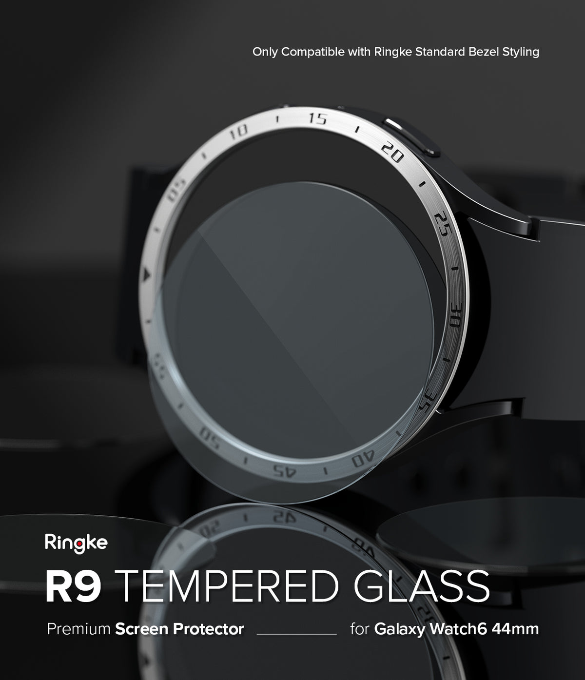 Galaxy Watch 6 44mm Screen Protector for Bezel Styling | Glass - R9 - Galaxy Watch 6 44mm Screen Protector - Tempered glass screen protector on a Galaxy Watch 6 with a silver bezel styling.