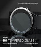 Galaxy Watch 6 44mm Screen Protector for Bezel Styling | Glass - R9 - Galaxy Watch 6 44mm Screen Protector - Tempered glass screen protector on a Galaxy Watch 6 with a silver bezel styling.