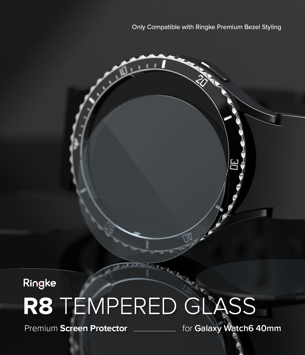 Galaxy Watch 6 40mm Screen Protector | Glass - R8 - Tempered glass screen protector on a black Galaxy Watch 6.