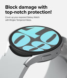 Galaxy Watch 6 40mm Screen Protector for Bezel Styling | Glass - R3 - Galaxy Watch 6 40mm Screen Protector - Close-up of a silver Galaxy Watch 6 with a clear tempered glass screen protector.