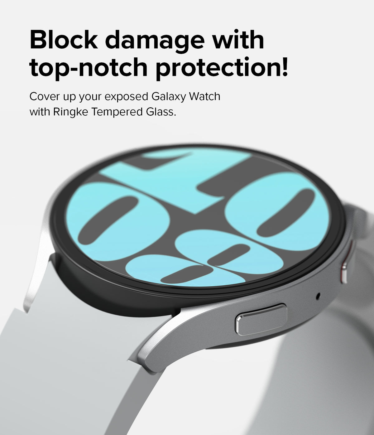 Galaxy Watch 6 40mm Screen Protector | Glass - R8 - Close-up of a silver Galaxy Watch 6 with a tempered glass screen protector.