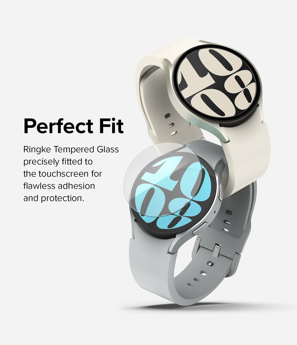 Galaxy Watch 6 40mm Screen Protector | Glass - R4 - Galaxy Watch 6 40mm Screen Protector - Tempered glass film hovering over a Galaxy Watch 6 with text about perfect fit.