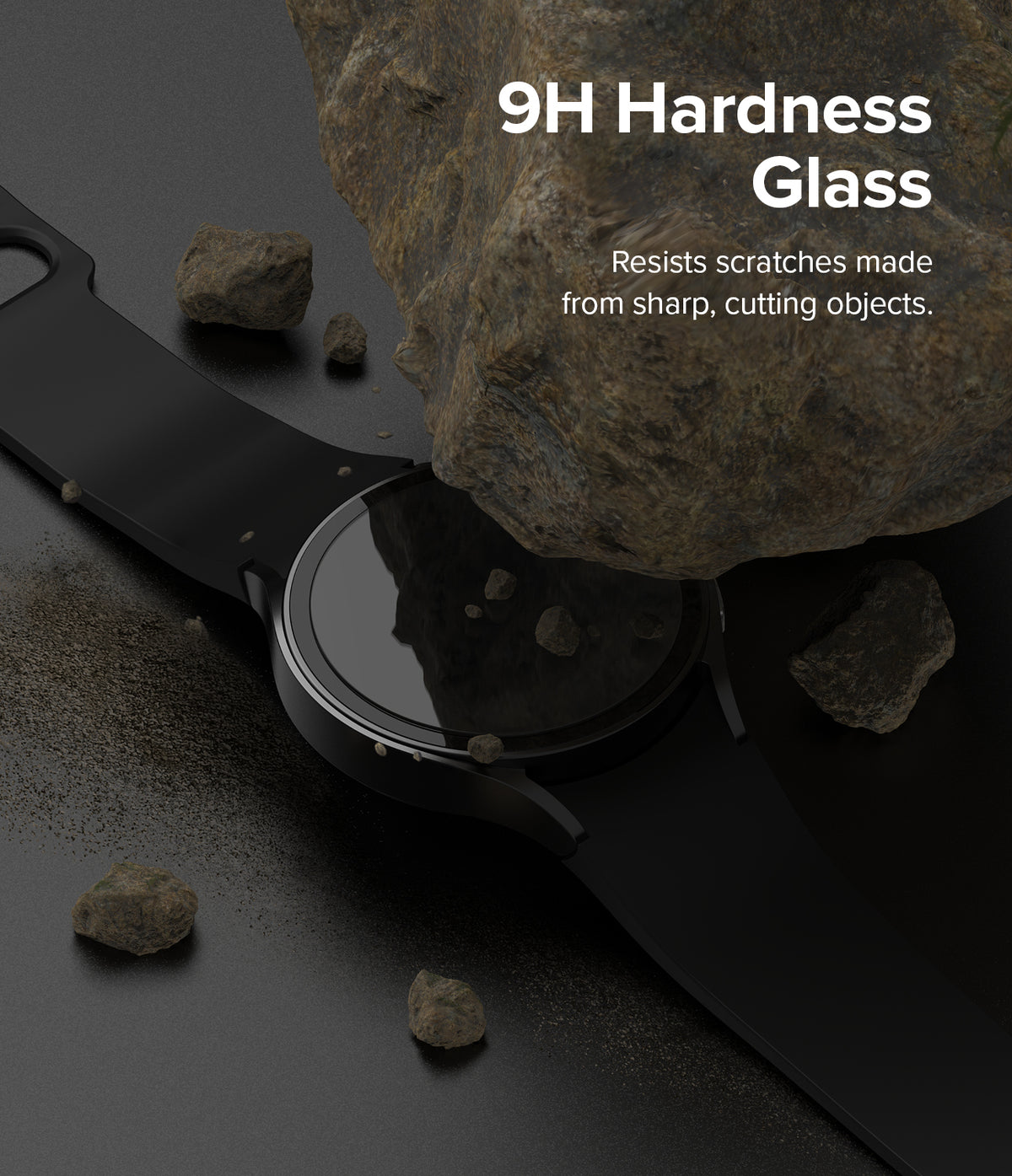 Galaxy Watch 6 40mm Screen Protector | Glass - R4 - A large rock rests on a black smartwatch screen with 9H hardness text.