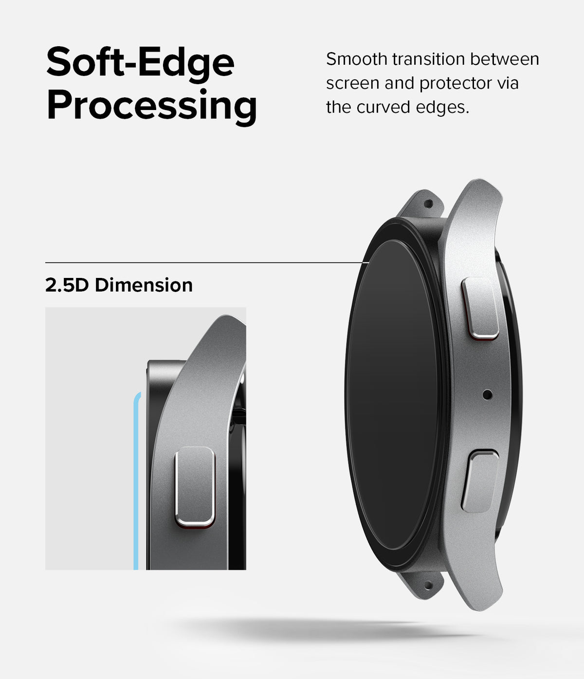 Galaxy Watch 6 40mm Screen Protector for Bezel Styling | Glass - R3 - Galaxy Watch 6 40mm Screen Protector - Close-up of a smartwatch showing the 2.5D curved edge of the glass screen protector.