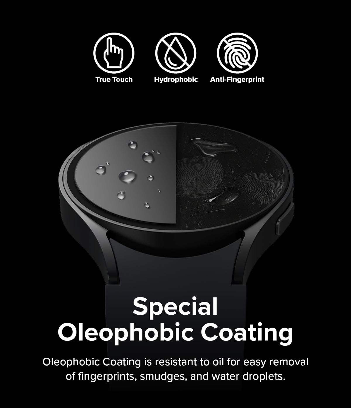 Galaxy Watch 6 44mm Screen Protector for Bezel Styling | Glass - R9 - Galaxy Watch 6 44mm Screen Protector - Smartwatch screen showing water-repellent oleophobic coating versus fingerprints.