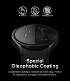 Galaxy Watch 6 44mm Screen Protector for Bezel Styling | Glass - R9 - Galaxy Watch 6 44mm Screen Protector - Smartwatch screen showing water-repellent oleophobic coating versus fingerprints.