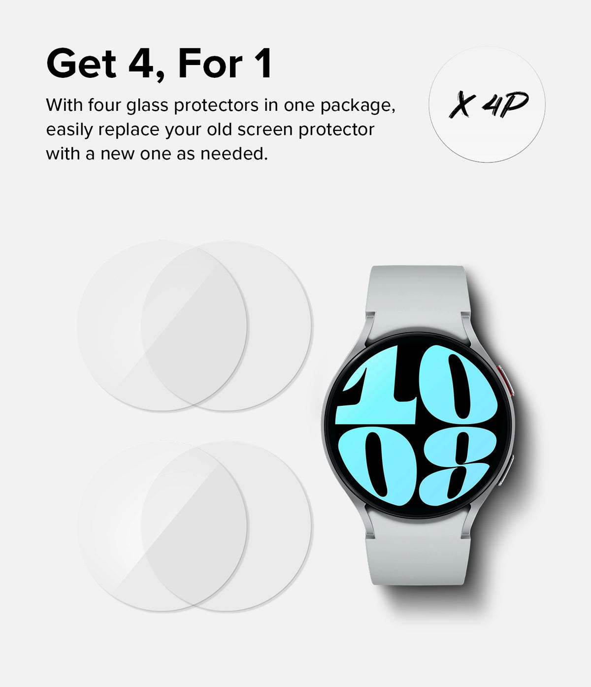Galaxy Watch 6 40mm Screen Protector | Glass - R8 - Four circular glass protectors next to a Galaxy Watch 6.