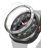 Galaxy Watch Ultra | Bezel Styling & Glass - Metallic bezel ring hovering above a smartwatch face with glass screen protector.