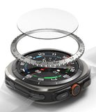 Galaxy Watch Ultra | Bezel Styling & Glass - Exploded view of a smartwatch with a metallic bezel and glass screen protector.