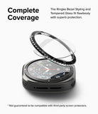 Galaxy Watch Ultra | Bezel Styling Premium & Glass - A black watch bezel and glass protector hovering above a smartwatch.