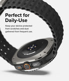 Galaxy Watch Ultra | Bezel Styling Premium & Glass - Close-up of a smartwatch with a black textured band and metallic bezel.