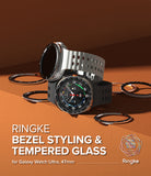 Galaxy Watch Ultra | Bezel Styling Premium & Glass - Two Galaxy Watch Ultras with metallic bezel rings on orange surface.