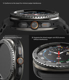 Galaxy Watch Ultra | Bezel Styling Premium & Glass - Close-up views of a smartwatch bezel, side buttons, and watch face.