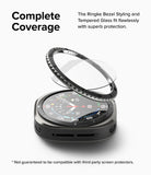 Galaxy Watch Ultra | Bezel Styling Premium & Glass - Metal bezel ring and glass protector hovering above a smartwatch.