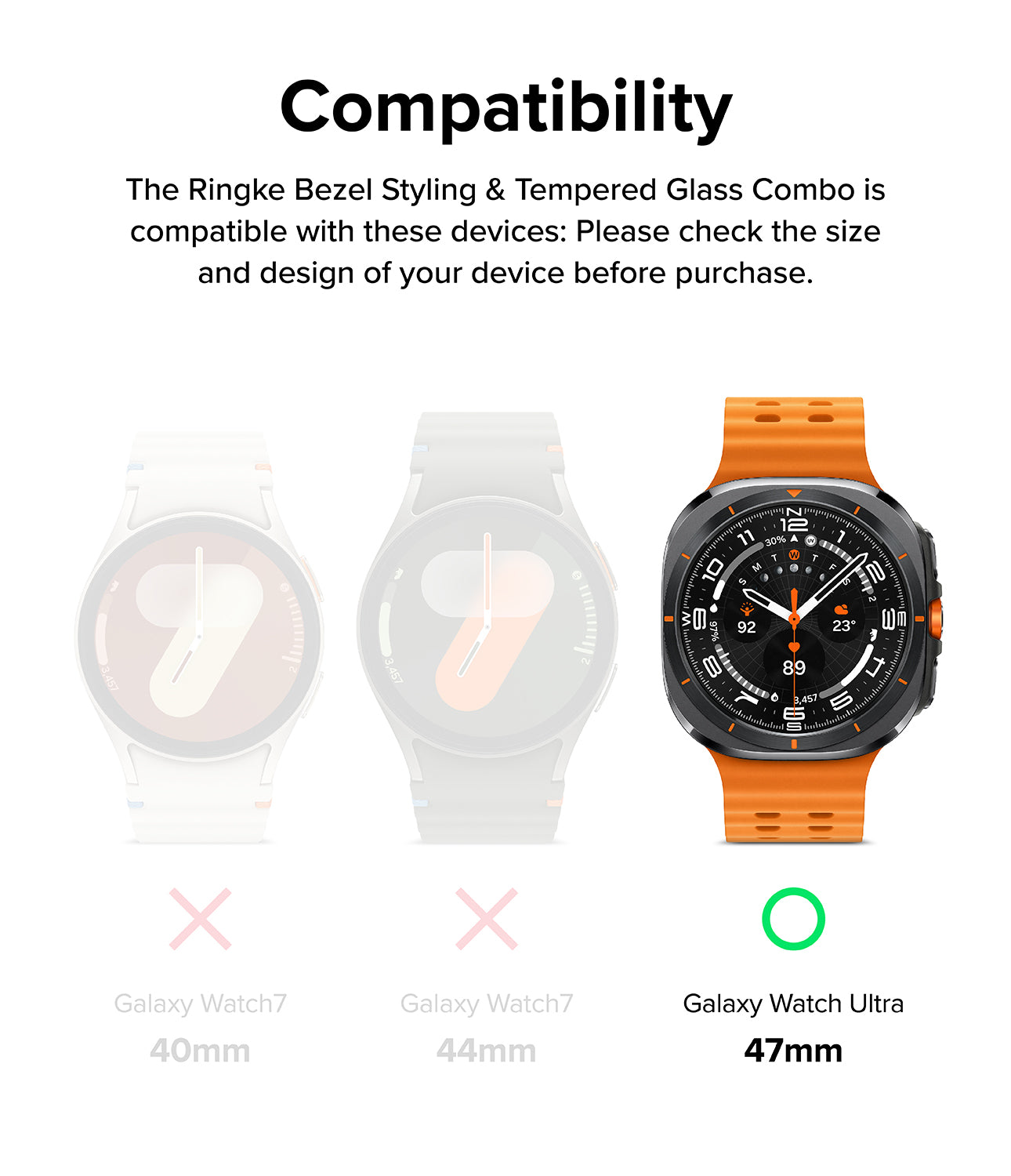 Galaxy Watch Ultra | Bezel Styling Premium & Glass - Compatibility chart showing Galaxy Watch Ultra 47mm is supported.