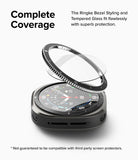Galaxy Watch Ultra | Bezel Styling Premium & Glass - A black watch bezel and glass protector hovering above a smartwatch.