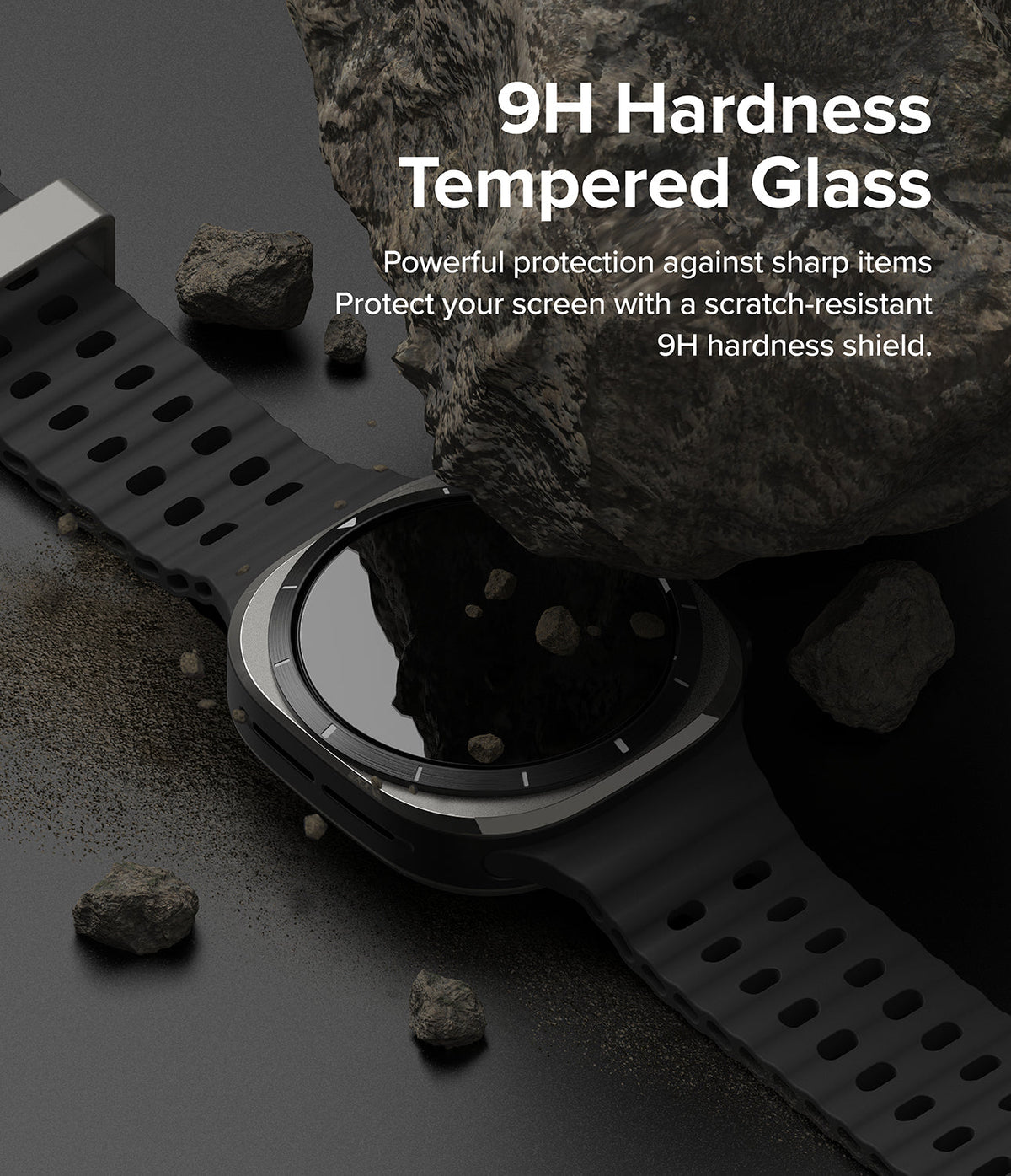 Galaxy Watch Ultra | Bezel Styling & Glass - A large rock rests on a Galaxy Watch Ultra screen to show 9H tempered glass protection.