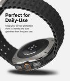 Galaxy Watch Ultra | Bezel Styling & Glass - Close-up of the watch side buttons and textured black silicone strap.