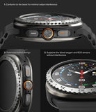 Galaxy Watch Ultra | Bezel Styling & Glass - Close-up views of a smartwatch bezel, side buttons, and sensor compatibility.