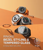 Galaxy Watch Ultra | Bezel Styling & Glass - Four Galaxy Watch Ultra units with various metallic bezel covers on orange steps.