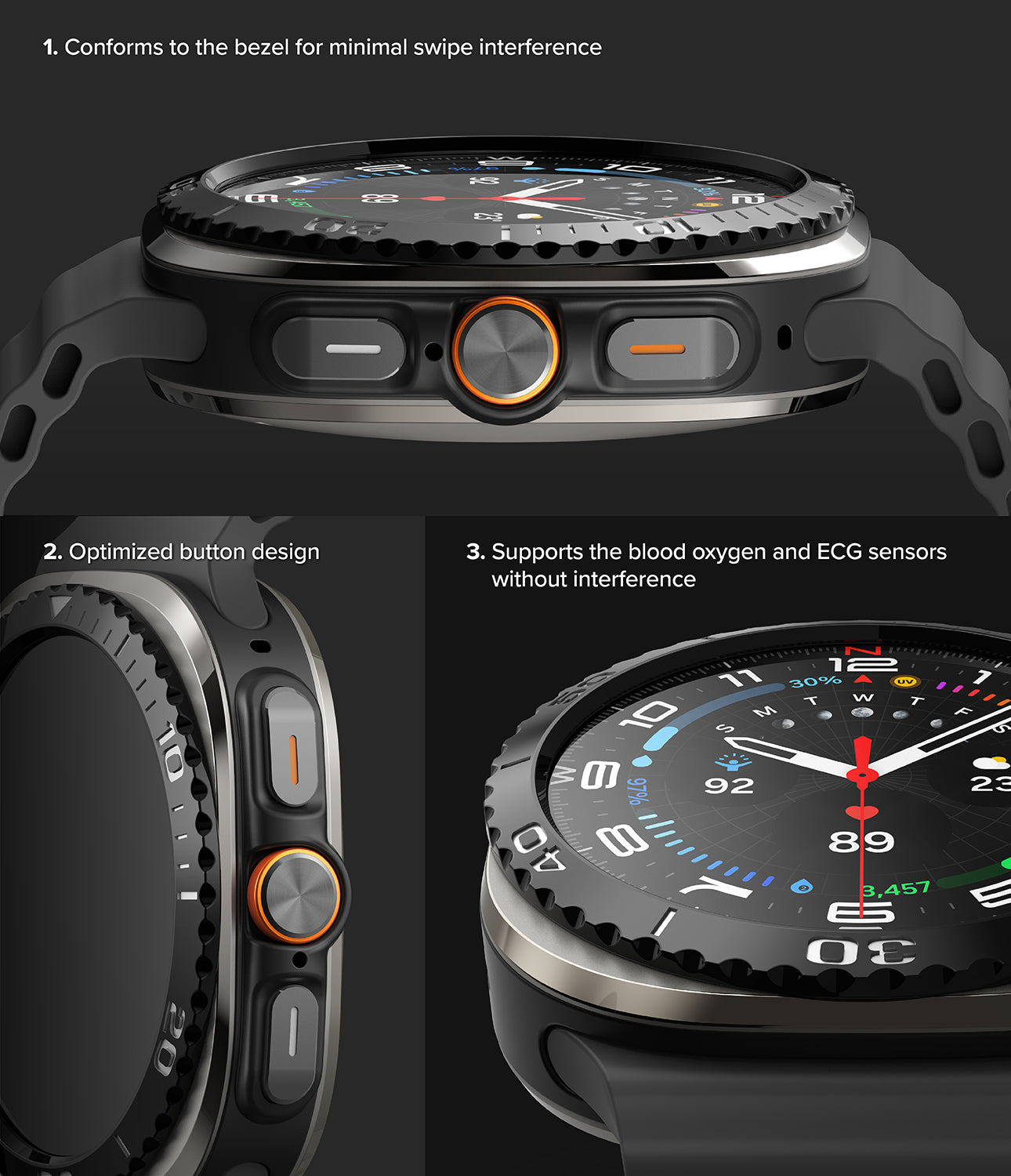 Galaxy Watch Ultra | Bezel Styling & Glass - Close-up views of a smartwatch bezel, side buttons, and sensor compatibility.