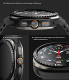 Galaxy Watch Ultra | Bezel Styling & Glass - Close-up views of a smartwatch bezel, side buttons, and sensor compatibility.