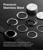 Galaxy Watch Ultra | Bezel Styling & Glass - Stainless steel watch bezels and components arranged on a dark surface.