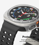Galaxy Watch Ultra | Slim & Glass - A clear protective case fitted over a Galaxy Watch Ultra with a black silicone band.