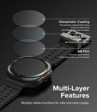 Galaxy Watch Ultra | Slim & Glass - Exploded view of watch screen layers showing oleophobic coating, tempered glass, and AB film.