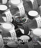 Galaxy Watch Ultra | Slim & Glass - Clear protective case and tempered glass screen protector hovering over a smartwatch.