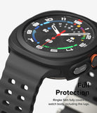 Galaxy Watch Ultra | Slim & Glass - Close-up of a black protective case on a Galaxy Watch Ultra with a perforated strap.