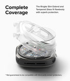 Galaxy Watch Ultra | Slim Extend & Glass - Transparent protective case and glass screen protector hovering over a watch.