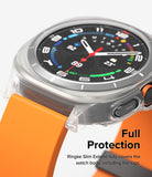 Galaxy Watch Ultra | Slim Extend & Glass - Clear protective case covering the watch body and lugs with an orange band.