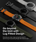 Galaxy Watch Ultra | Slim Extend & Glass - Three Galaxy Watch Ultra cases with bands in olive, orange, and black on a dark surface.